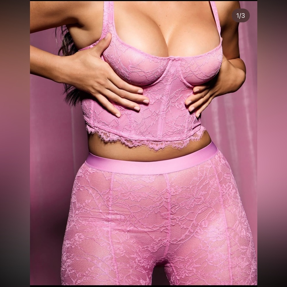 SKIMS Lace Bustier and Short in Bubble Gum.